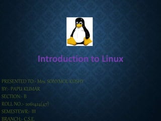 Introduction to Linux
PRESENTED TO:- Mrs. SONYMOL KOSHY
BY:- PAPU KUMAR
SECTION:- B
ROLL NO.:- 2061424(47)
SEMESTEWR:- III
BRANCH:- C.S.E.
 