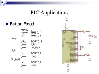 PIC Applications
 Button Read
Movlw 0
movwf TRISD, f
bsf TRISD, 2
Loop:
btfsc PORTD, 2
goto light
goto No_light
Light:
bsf PORTB,0
goto Loop
No_light:
bcf PORTB,0
goto Loop
 