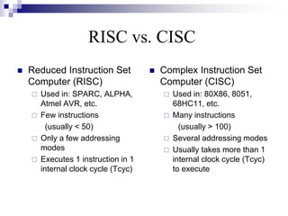 RISC vs. CISC
 Reduced Instruction Set
Computer (RISC)
 Used in: SPARC, ALPHA,
Atmel AVR, etc.
 Few instructions
(usually < 50)
 Only a few addressing
modes
 Executes 1 instruction in 1
internal clock cycle (Tcyc)
 Complex Instruction Set
Computer (CISC)
 Used in: 80X86, 8051,
68HC11, etc.
 Many instructions
(usually > 100)
 Several addressing modes
 Usually takes more than 1
internal clock cycle (Tcyc)
to execute
 