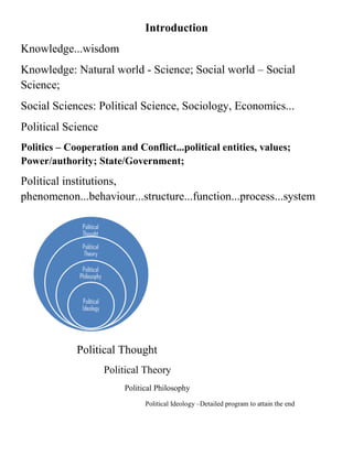 Introduction
Knowledge...wisdom
Knowledge: Natural world - Science; Social world – Social
Science;
Social Sciences: Political Science, Sociology, Economics...
Political Science
Politics – Cooperation and Conflict...political entities, values;
Power/authority; State/Government;
Political institutions,
phenomenon...behaviour...structure...function...process...system
Political Thought
Political Theory
Political Philosophy
Political Ideology –Detailed program to attain the end
 
