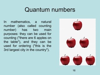 16
Quantum numbers
In mathematics, a natural
number (also called counting
number) has two main
purposes: they can be used for
counting ("there are 6 apples on
the table"), and they can be
used for ordering ("this is the
3rd largest city in the country").
 