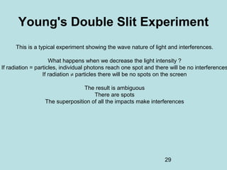 29
Young's Double Slit Experiment
This is a typical experiment showing the wave nature of light and interferences.
What happens when we decrease the light intensity ?
If radiation = particles, individual photons reach one spot and there will be no interferences
If radiation ≠ particles there will be no spots on the screen
The result is ambiguous
There are spots
The superposition of all the impacts make interferences
 