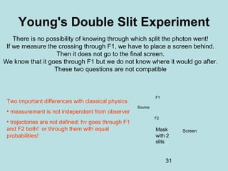 31
Young's Double Slit Experiment
There is no possibility of knowing through which split the photon went!
If we measure the crossing through F1, we have to place a screen behind.
Then it does not go to the final screen.
We know that it goes through F1 but we do not know where it would go after.
These two questions are not compatible
Ecran Plaque photo
F2
F1
Source
ScreenMask
with 2
slits
Two important differences with classical physics:
• measurement is not independent from observer
• trajectories are not defined; hν goes through F1
and F2 both! or through them with equal
probabilities!
 