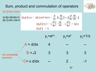 47
Sum, product and commutation of operators
y1=e4x
y2=x2
y3=1/x
A = d/dx 4 -- --
B = x3 3 3 3
C= x d/dx -- 2 -1
not compatible
operators
[A,C]=AC-CA≠0
[A,B]=AB-BA=0
[B,C]=BC-CB=0
 