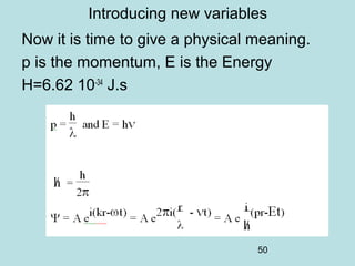 50
Introducing new variables
Now it is time to give a physical meaning.
p is the momentum, E is the Energy
H=6.62 10-34
J.s
 