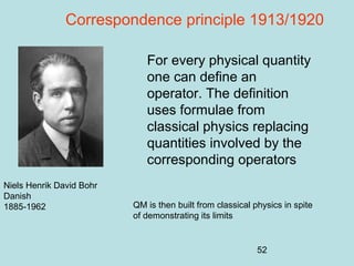 52
Niels Henrik David Bohr
Danish
1885-1962
Correspondence principle 1913/1920
For every physical quantity
one can define an
operator. The definition
uses formulae from
classical physics replacing
quantities involved by the
corresponding operators
QM is then built from classical physics in spite
of demonstrating its limits
 