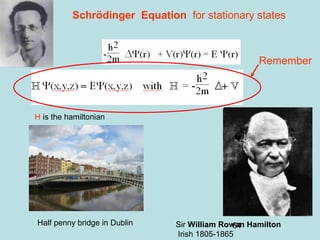 64
Schrödinger Equation for stationary states
H is the hamiltonian
Sir William Rowan Hamilton
Irish 1805-1865
Half penny bridge in Dublin
Remember
 