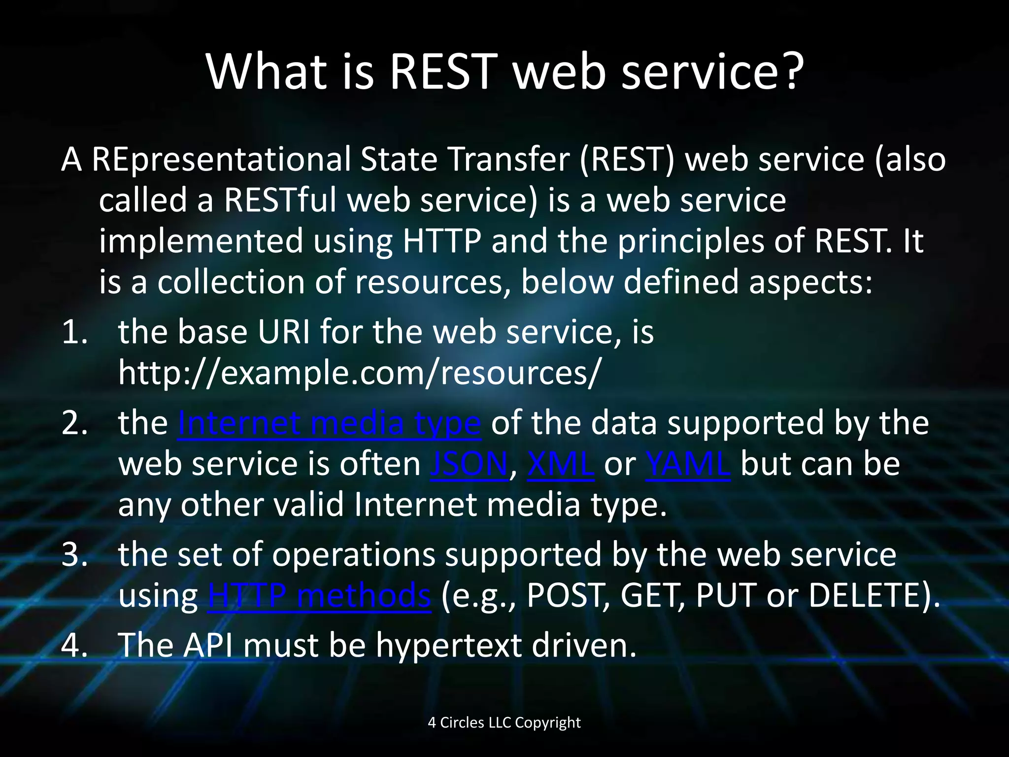 Middleware Services4 Circles LLC CopyrightEach system has different protocols to communicate with their middle-ware. Some use XML (a customized HTML) - a stream or a file is passed. Documents can also be passed between systemsMS technology ‘s SOAP has recently gained a lot of popularity with Web Services . Web Services is the global method which includes receiving messages from all kinds of clients i.e. wireless devices and traditional systems.Middleware Services can be loosely defined as services which bring about communication between heterogeneous application systems. E.g. J2EE app with .NET app or any other proprietary applications. The middleware connects users /systems with other systems. 