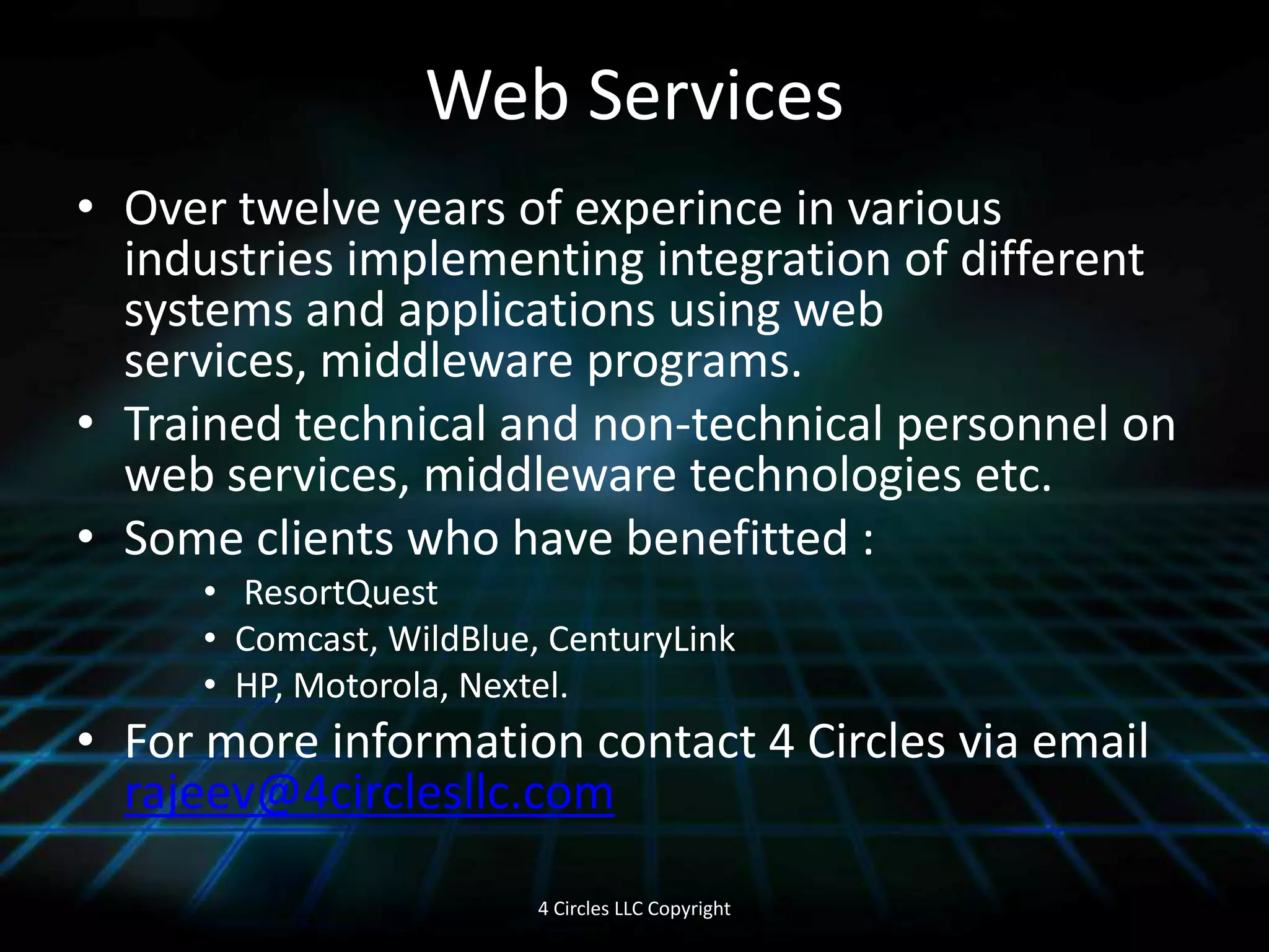 What is SOAP?SOAP is an XML-based protocol to let applications exchange information over HTTP.Or more simple: SOAP is a protocol for accessing a Web Service.SOAP stands for Simple Object Access ProtocolSOAP is a communication protocolSOAP is a format for sending messagesSOAP is designed to communicate via Internet SOAP is platform independentSOAP is language independentSOAP is based on XMLSOAP is simple and extensibleSOAP allows you to get around firewallsSOAP is a W3C standard4 Circles LLC Copyright