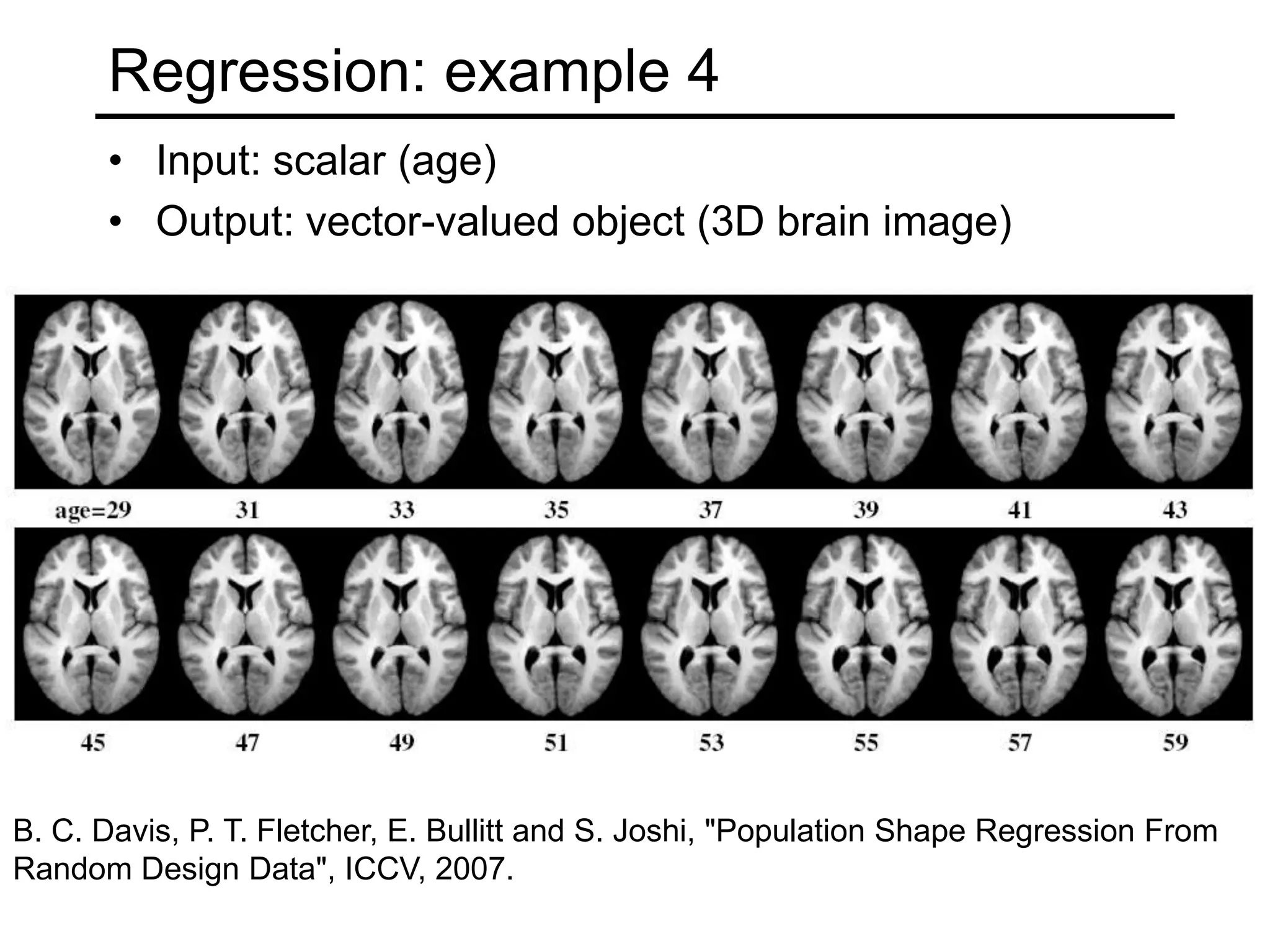 Regression: example 3Input: scalar (attractiveness score)Output: vector-valued object (face)B. Davis and S. Lazebnik, “Analysis of Human Attractiveness Using Manifold Kernel Regression,” ICIP 2008