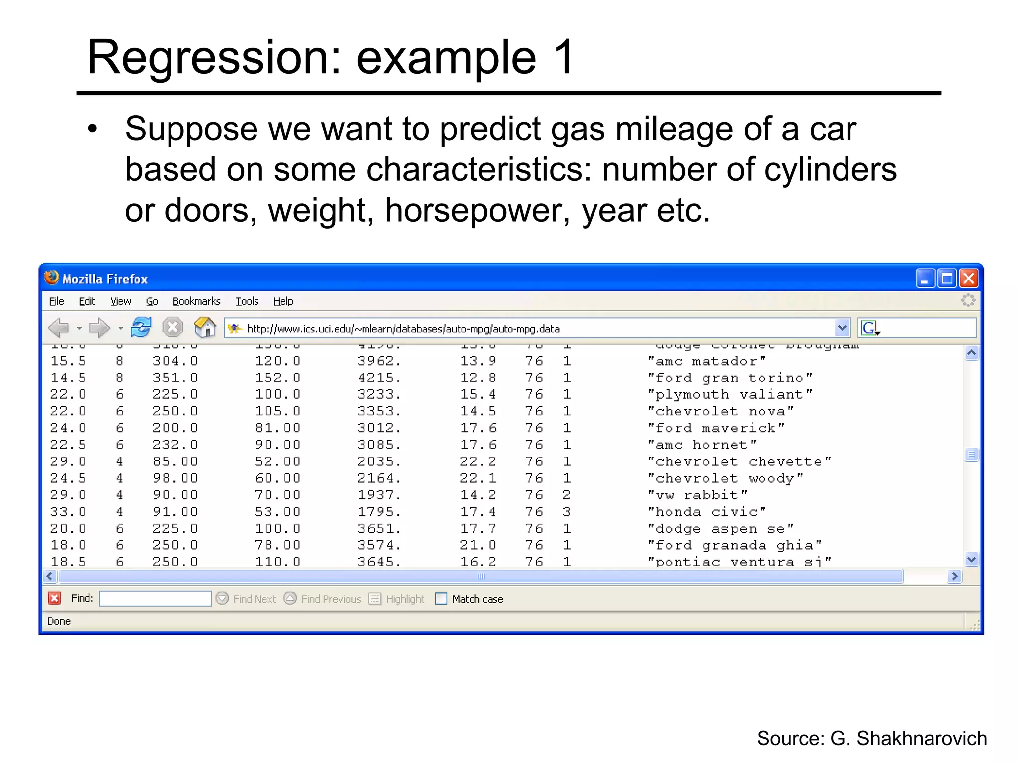 Supervised learningGiven training examples of inputs and corresponding outputs, produce the “correct” outputs for new inputsTwo main scenarios:Classification:outputs are discrete variables (category labels). Learn a decision boundary that separates one class from the otherRegression:also known as “curve fitting” or “function approximation.” Learn a continuous input-output mapping from examples (possibly noisy)