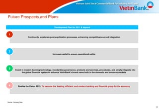 Future Prospects and Plans

                                                  Development Plan for 2011 & beyond


 1
                       Continue to accelerate post-equitization processes, enhancing competitiveness and integration




 2
                                                Increase capital to ensure operational safety




 3        Invest in modern banking technology, standardize governance, products and services, procedures, and slowly integrate into
                 the global financial system to enhance VietinBank’s brand name both in the domestic and overseas markets




 4            Realize the Vision 2015: To become the leading, efficient, and modern banking and financial group for the economy




Source: Company Data


                                                                                                                                      11
 