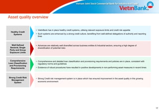 Asset quality overview


                      • VietinBank has in place healthy credit systems, utilising relevant exposure limits and credit risk appetite
  Healthy Credit
    Systems           • Such systems are enhanced by a strong credit culture, benefiting from well-defined delegations of authority and reporting
                        lines



  Well Defined        • Advances are relatively well diversified across business entities & Industrial sectors, ensuring a high degree of
 Sectoral, Single       diversification of potential risks
 Party and Group
 Exposure Limits



  Comprehensive       • Comprehensive and detailed loan classification and provisioning requirements and policies are in place, consistent with
Loan Classification     regulatory norms and guidelines
 and Provisioning
   Requirements       • Existence of robust procedures have resulted in positive developments in non-performing asset measures in recent times



Strong Credit Risk    • Strong Credit risk management system is in place which has ensured improvement in the asset quality in this growing
   Management
     System             economic environment




                                                                                                                                                    17
 