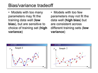 Bias/variance tradeoff  Models with too many parameters may fit the training data well (low bias), but are sensitive to choice of training set (high variance)Bias/variance tradeoff  Models with too many parameters may fit the training data well (low bias), but are sensitive to choice of training set (high variance)