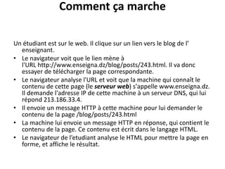 Comment ça marche
Un étudiant est sur le web. Il clique sur un lien vers le blog de l’
enseignant.
• Le navigateur voit que le lien mène à
l'URL http://www.enseigna.dz/blog/posts/243.html. Il va donc
essayer de télécharger la page correspondante.
• Le navigateur analyse l'URL et voit que la machine qui connaît le
contenu de cette page (le serveur web) s'appelle www.enseigna.dz.
Il demande l'adresse IP de cette machine à un serveur DNS, qui lui
répond 213.186.33.4.
• Il envoie un message HTTP à cette machine pour lui demander le
contenu de la page /blog/posts/243.html
• La machine lui envoie un message HTTP en réponse, qui contient le
contenu de la page. Ce contenu est écrit dans le langage HTML.
• Le navigateur de l’etudiant analyse le HTML pour mettre la page en
forme, et affiche le résultat.
 