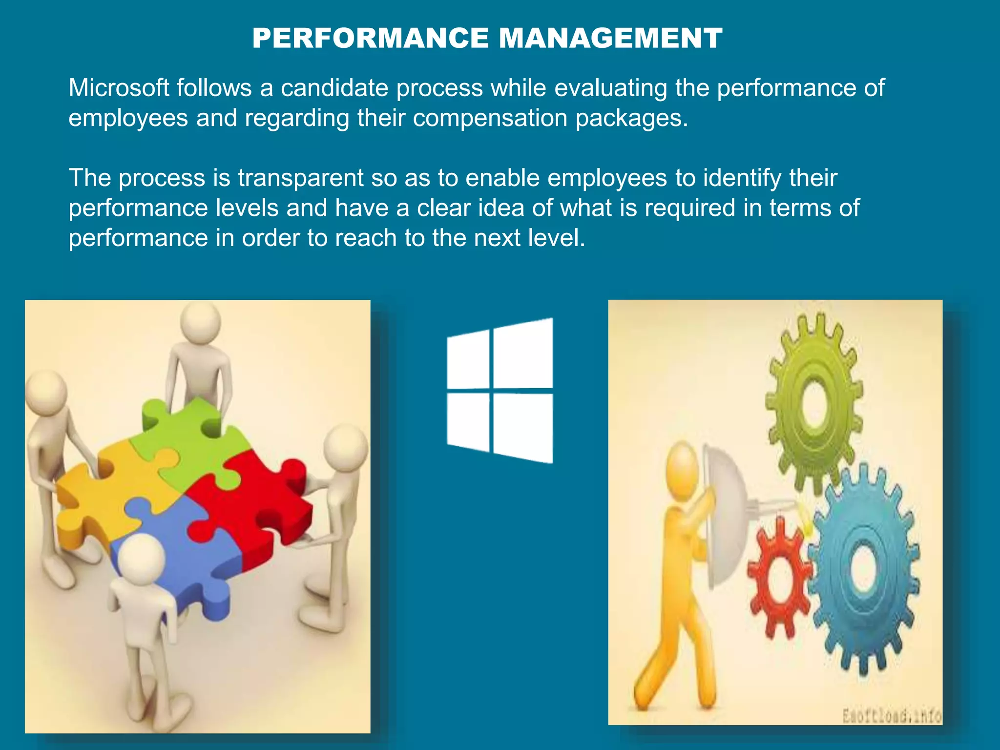 PERFORMANCE MANAGEMENT
Microsoft follows a candidate process while evaluating the performance of
employees and regarding their compensation packages.
The process is transparent so as to enable employees to identify their
performance levels and have a clear idea of what is required in terms of
performance in order to reach to the next level.
 