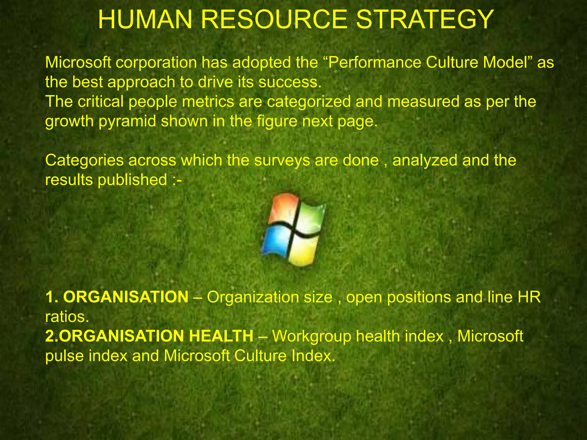HUMAN RESOURCE STRATEGY
Microsoft corporation has adopted the “Performance Culture Model” as
the best approach to drive its success.
The critical people metrics are categorized and measured as per the
growth pyramid shown in the figure next page.
Categories across which the surveys are done , analyzed and the
results published :-
1. ORGANISATION – Organization size , open positions and line HR
ratios.
2.ORGANISATION HEALTH – Workgroup health index , Microsoft
pulse index and Microsoft Culture Index.
 