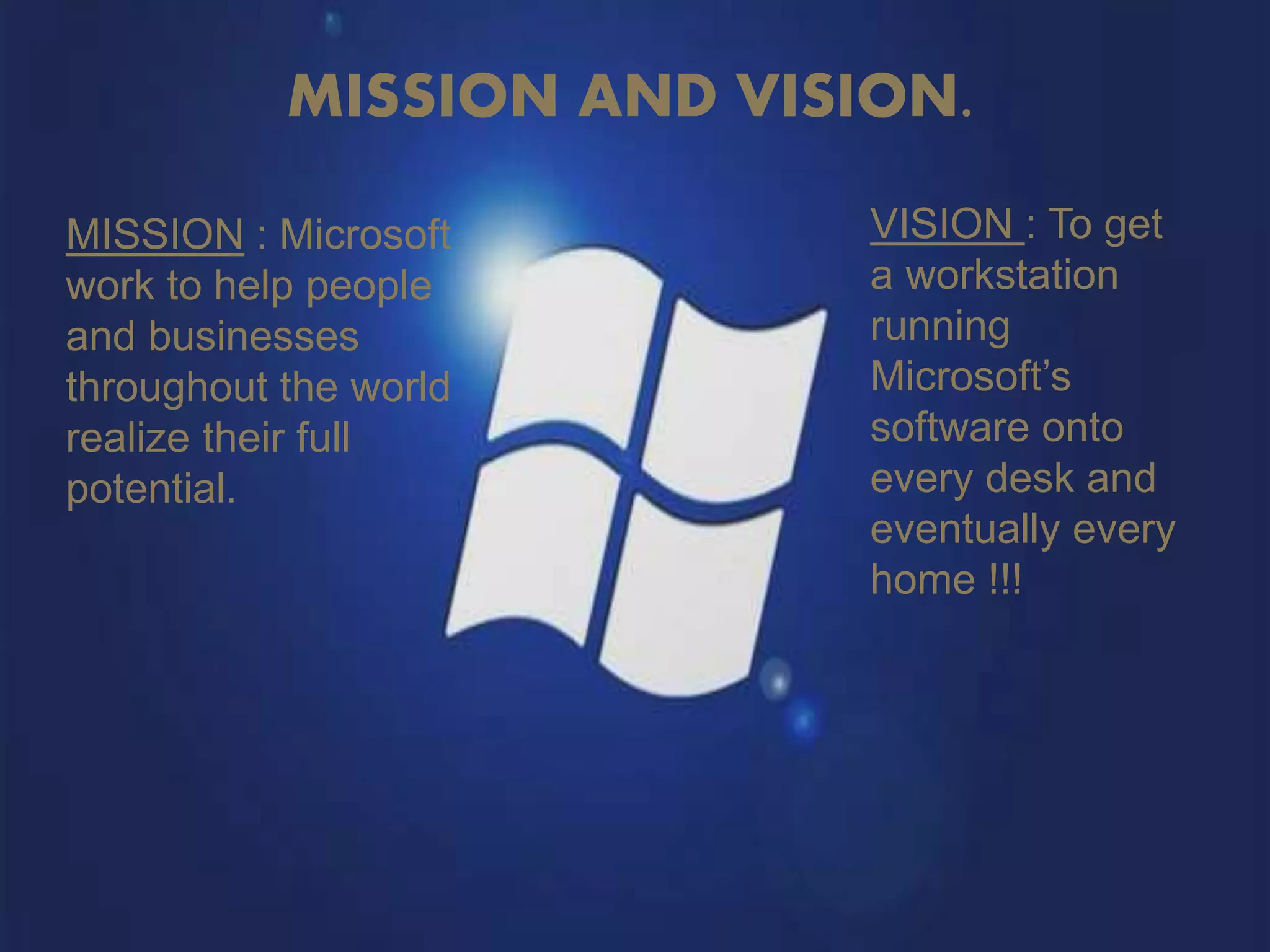 MISSION AND VISION.
MISSION : Microsoft
work to help people
and businesses
throughout the world
realize their full
potential.
VISION : To get
a workstation
running
Microsoft’s
software onto
every desk and
eventually every
home !!!
 