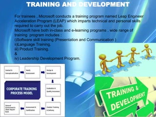 TRAINING AND DEVELOPMENT
For trainees , Microsoft conducts a training program named Leap Engineer
Acceleration Program (LEAP) which imparts technical and personal skills
required to carry out the job.
Microsoft have both in-class and e-learning programs , wide range of
training program includes :
i)Software skill training (Presentation and Communication )
ii)Language Training.
iii) Product Training.
&
iv) Leadership Development Program.
 