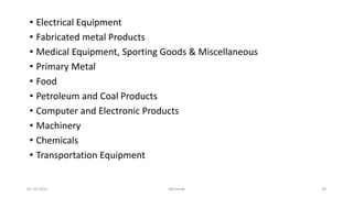 • Electrical Equipment
• Fabricated metal Products
• Medical Equipment, Sporting Goods & Miscellaneous
• Primary Metal
• Food
• Petroleum and Coal Products
• Computer and Electronic Products
• Machinery
• Chemicals
• Transportation Equipment
05-10-2015 Abhishek 29
 