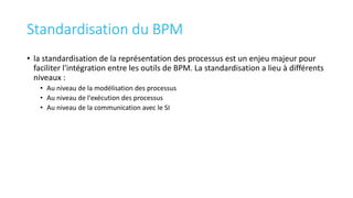 Standardisation du BPM
• la standardisation de la représentation des processus est un enjeu majeur pour
faciliter l'intégration entre les outils de BPM. La standardisation a lieu à différents
niveaux :
• Au niveau de la modélisation des processus
• Au niveau de l'exécution des processus
• Au niveau de la communication avec le SI
 