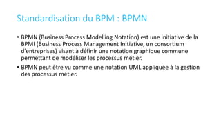 Standardisation du BPM : BPMN
• BPMN (Business Process Modelling Notation) est une initiative de la
BPMI (Business Process Management Initiative, un consortium
d'entreprises) visant à définir une notation graphique commune
permettant de modéliser les processus métier.
• BPMN peut être vu comme une notation UML appliquée à la gestion
des processus métier.
 