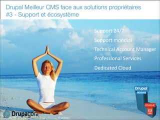 Drupal Meilleur CMS face aux solutions propriétaires
#3 - Support et écosystème
Support	
  24/7
Support	
  mondial
Technical	
  Account	
  Manager
Professional	
  Services
Dedicated	
  Cloud

29

©	
  yellowj	
  -­‐	
  

 