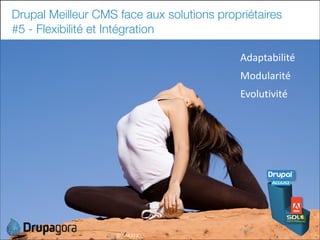 Drupal Meilleur CMS face aux solutions propriétaires
#5 - Flexibilité et Intégration
Adaptabilité
Modularité
Evolutivité

32

©	
  MAXFX	
  -­‐	
  

 