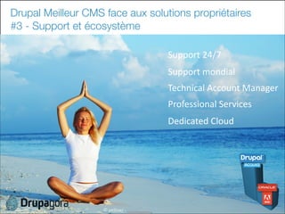Drupal Meilleur CMS face aux solutions propriétaires
#3 - Support et écosystème
Support	
  24/7
Support	
  mondial
Technic...