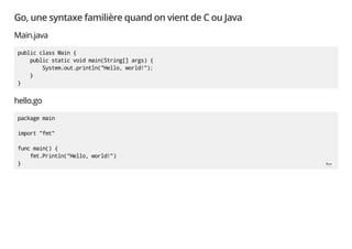 Go, une syntaxe familière quand on vient de C ou Java
Main.java
public class Main {
public static void main(String[] args) {
System.out.println("Hello, world!");
}
}
hello.go
package main
import "fmt"
func main() {
fmt.Println("Hello, world!")
} Run
 