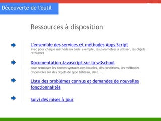 Découverte de l'outil 
L'ensemble des services et méthodes Apps Script 
avec pour chaque méthode un code exemple, les paramètres à utiliser, les objets 
retournés 
Documentation Javascript sur la w3school 
pour retrouver les bonnes syntaxes des boucles, des conditions, les méthodes 
disponibles sur des objets de type tableau, date,... 
Liste des problèmes connus et demandes de nouvelles 
fonctionnalités 
Suivi des mises à jour 
Cloud 
Ressources à disposition 
 
