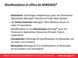 www.minergie.chMINERGIE® – Premières expériences avec MINERGIE-A® et nouveautés | août-septembre 2012
Manifestations et offres de MINERGIE®
 Séminaires d’échanges d’expériences pour les Partenaires
Spécialistes Minergie® (Genève et Pully, déjà réalisés)
 Les Portes Ouvertes Minergie® 2012 (Belfaux 30 juin et
Fully 17 novembre)
 Manifestation sur les Nouveautés Minergie® pour les
Partenaires Spécialistes (Hauterive 29 août, Pully 6
septembre)
 Introduction à Minergie (6 manifestations en Romandie, de
mi-sept. à mi-octobre)
 Rénovation Minergie (5 à 6 manifestations en Romandie,
de mi-octobre à mi-novembre)
 