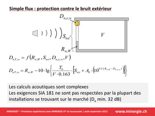 www.minergie.chMINERGIE® – Premières expériences avec MINERGIE-A® et nouveautés | août-septembre 2012
 VDSRfD wentotWwwnT ,,, ,,,, 
Rw,W
Dn,e,w
Stot
V
  








 )(1.0
0
0
,,
,,,
10
163.0
lg10 wenWw DR
totWwwnT AS
V
T
RD
Simple flux : protection contre le bruit extérieur
Les calculs acoutiques sont complexes
Les exigences SIA 181 ne sont pas respectées par la plupart des
installations se trouvant sur le marché (De min. 32 dB)
 