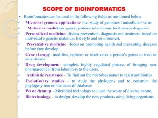 SCOPE OF BIOINFORMATICS
 Bioinformatics can be used in the following fields as mentioned below:
 Microbial genome applications- the study of genome of unicellular/ virus
 Molecular medicine- genes, proteins interactions for diseases diagnosis
 Personalized medicine- disease prevention, diagnosis and treatment based on
individual’s genetic make-up, life style and environment,
 Preventative medicine –focus on promoting health and preventing diseases
before they develop
 Gene therapy- modifies, replaces or inactivates a person’s genes to treat or
cure disease.
 Drug development- complex, highly regulated process of bringing new
pharmaceutical from laboratory to the users.
 Antibiotic resistance – To find out the microbes nature to resist antibiotics
 Evolutionary studies – to study the phylogeny and to construct the
phylogeny tree on the basis of databases
 Waste cleanup – Microbial technology to clean the waste of diverse nature,
 Biotechnology – to design, develop the new products using living organisms.
 