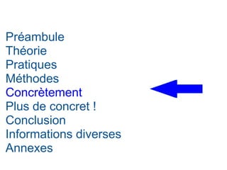 Auto-organisation et travail collaboratif XP : Pair-P., TDD, work space Tests croisés, revues de code Daily meetings (stand up) Répartition et alternance des expertises, wiki, post-it, proximité user/dév Rôles figés (CP, Architecte, ...) Réunions stériles Les docs à rallonge (mails, CR) Entreprise gérée en mode Open Space (ut7 AgileInnovation 2011) Ateliers Open Space Rétrospective personnelle synthétique 
