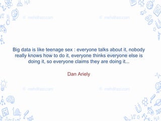 Big data is like teenage sex : everyone talks about it, nobody
really knows how to do it, everyone thinks everyone else is
doing it, so everyone claims they are doing it...
Dan Ariely
 