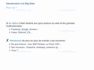 Introduction à la Big Data
✘ Au début c’était destiné aux gros acteurs du web et les grandes
multinationales :
✗ Facebook, Google, Amazon…
✗ Fedex, Walmart, Citi…
✘ Maintenant de plus en plus de monde y est concerné :
✗ De gros Acteurs : Axa, BNP Paribas, La Poste, EDF…
✗ Des nouveaux : Snapchat, whatsapp, pokemon go …
✗ Vous ?
Pour qui ?
 