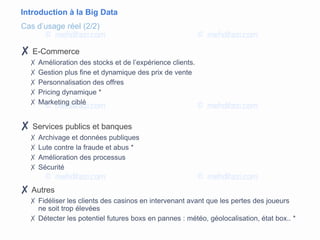 Introduction à la Big Data
✘ E-Commerce
✗ Amélioration des stocks et de l’expérience clients.
✗ Gestion plus fine et dynamique des prix de vente
✗ Personnalisation des offres
✗ Pricing dynamique *
✗ Marketing ciblé
✘ Services publics et banques
✗ Archivage et données publiques
✗ Lute contre la fraude et abus *
✗ Amélioration des processus
✗ Sécurité
✘ Autres
✗ Fidéliser les clients des casinos en intervenant avant que les pertes des joueurs
ne soit trop élevées
✗ Détecter les potentiel futures boxs en pannes : météo, géolocalisation, état box.. *
Cas d’usage réel (2/2)
 
