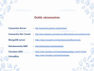 Outils nécessaires
Cassandra Server : http://cassandra.apache.org/download/
Cassandra Dev Center : http://www.datastax.com/what-we-offer/products-services/devcenter
MongoDB server : https://www.mongodb.com/download-center#community
Horntonworks HDP : http://hortonworks.com/downloads/
Cloudera CDH : https://www.cloudera.com/downloads/quickstart_vms/5-10.html
VirtualBox
https://www.virtualbox.org/wiki/Downloads
 