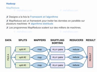 ✘ Designe a la fois le Framework et l’algorithme
✘ MapReduce est un framework pour traiter les données en parallèle sur
plusieurs machines  algorithme distribués
✘ Les programmes MapReduce scalent sur des milliers de machines.
Hadoop
MapReduceFILEA
split #1
SPLITSDATA
<k,v> paire
RESULT
split #2
split #3
<k,v> paire
<k,v> paire
map
map
map
reduce
reduce
reduce
MAPPERS SHUFFLING
SORTING
REDUCERS RESULT
 