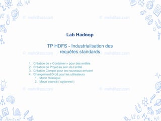 Lab Hadoop
TP HDFS - Industrialisation des
requêtes standards
1. Création de « Container » pour des entités
2. Création de Projet au sein de l’entité
3. Création Compte pour les nouveaux arrivant
4. Changement Droit pour les utilisateurs
1. Mode classique
2. Mode avancé ( optionnel )
 