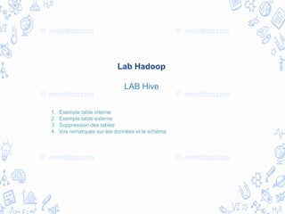 Lab Hadoop
LAB Hive
1. Exemple table interne
2. Exemple table externe
3. Suppression des tables
4. Vos remarques sur les données et le schéma
 