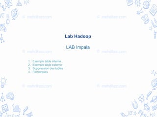 Lab Hadoop
LAB Impala
1. Exemple table interne
2. Exemple table externe
3. Suppression des tables
4. Remarques
 