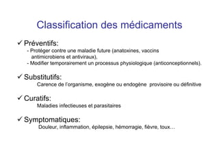 Classification des médicaments
 Préventifs:
- Protéger contre une maladie future (anatoxines, vaccins
antimicrobiens et antiviraux),
- Modifier temporairement un processus physiologique (anticonceptionnels).
 Substitutifs:
Carence de l’organisme, exogène ou endogène provisoire ou définitive
 Curatifs:
Maladies infectieuses et parasitaires
 Symptomatiques:
Douleur, inflammation, épilepsie, hémorragie, fièvre, toux…
 