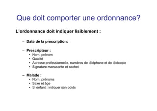 Que doit comporter une ordonnance?
L’ordonnance doit indiquer lisiblement :
– Date de la prescription:
– Prescripteur :
• Nom, prénom
• Qualité
• Adresse professionnelle, numéros de téléphone et de télécopie
• Signature manuscrite et cachet
– Malade :
• Nom, prénoms
• Sexe et âge
• Si enfant : indiquer son poids
 