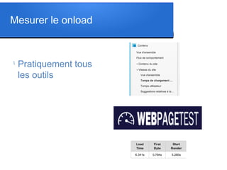 Mesurer le onload
l
Pratiquement tous
les outils
 