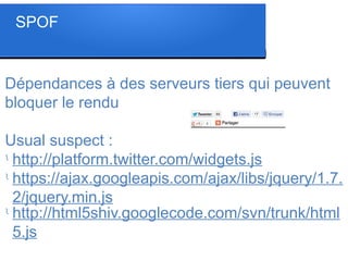 SPOF
Dépendances à des serveurs tiers qui peuvent
bloquer le rendu
Usual suspect :
l
http://platform.twitter.com/widgets.js
l
https://ajax.googleapis.com/ajax/libs/jquery/1.7.
2/jquery.min.js
l
http://html5shiv.googlecode.com/svn/trunk/html
5.js
 