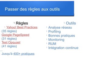 Passer des règles aux outils
l
Règles
l
Yahoo! Best Practices
l
(35 règles)
l
Google PageSpeed
l
(31 règles)
l
Test Opquast
l
(41 règles)
…
l
Jusqu'à 400+ pratiques
l
Outils
l
Analyse réseau
l
Profiling
l
Bonnes pratiques
l
Monitoring
l
RUM
l
Intégration continue
 