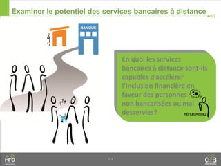 1.3
Examiner le potentiel des services bancaires à distance
En quoi les services
bancaires à distance sont-ils
capables d’accélérer
l’inclusion financière en
faveur des personnes
non bancarisées ou mal
desservies?
 