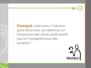 1.9
Pourquoi, selon vous, l’industrie
porte désormais son attention sur
l’acquisition des clients actifs plutôt
que sur l’enregistrement des
comptes?
 
